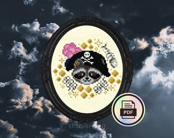Pirate Costume Racoon - Gothic Cross Stitch Pattern - Instant Download PDF - Halloween Embroidery, Spooky Pumpkin Decor
