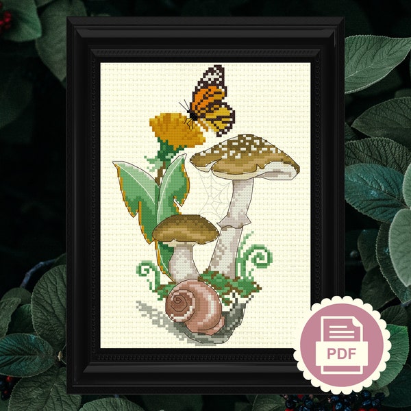 Dandelion Forest Mushrooms & Snail - Modern Cross Stitch Pattern - Instant Download PDF - Faux Insect Taxidermy, Entomology, Cottagecore
