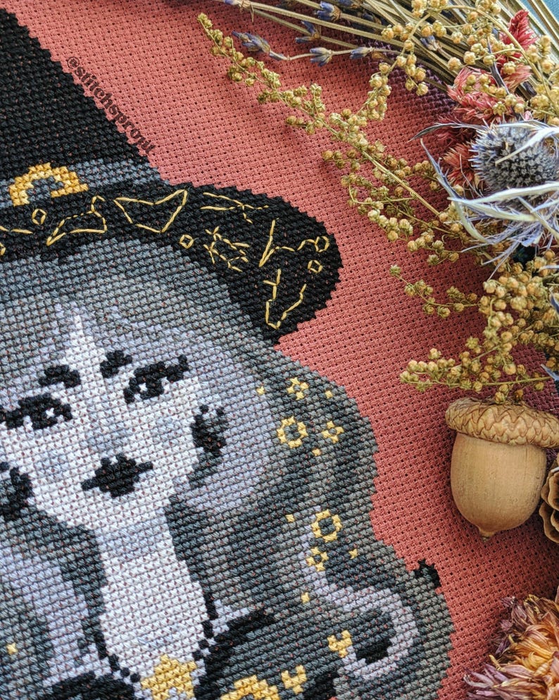 Op de afbeelding: Een kruissteekportret van een vrouw met een heksenhoed, met grijs haar en een zwarte hoed. De kruissteek staat op een roze stoffen achtergrond, met gedroogde bloemen en een eikel in de hoek. De tekst "@stitchesprout" is zichtbaar.