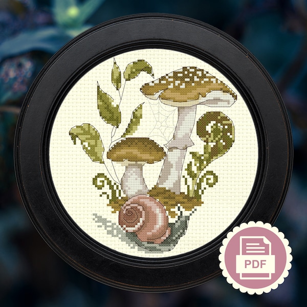 Autumn Forest Mushrooms & Snail - Modern Cross Stitch Pattern - Instant Download PDF - Faux Insect Taxidermy, Entomology, Cottagecore