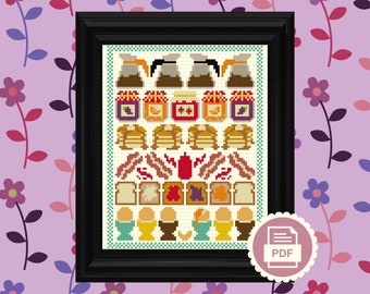 Retro Breakfast Sampler - Modern Cross Stitch Pattern - Instant Download PDF - Vintage, 70s, Boho, Mid-Century, Kitschy Kitchen Decor