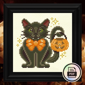 May include: A black cat with green eyes and an orange bow tie is holding a jack-o'-lantern bucket. The cat is surrounded by yellow stars.