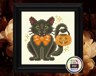 May include: A black cat with green eyes and an orange bow tie is holding a jack-o'-lantern bucket. The cat is surrounded by yellow stars.