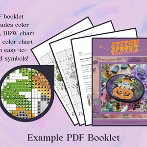 May include: A PDF booklet with cross-stitch patterns, including a color key, B&W chart, and color chart. The cover features a cross-stitch design of a pumpkin with a ghost. The text "STITCH SPROUT CROSS STITCH" is displayed on the cover. The booklet is an example of a PDF pattern.