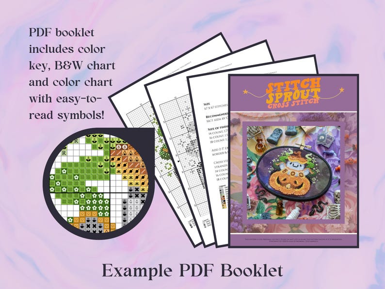 May include: A PDF booklet with cross-stitch patterns, including a color key, B&W chart, and color chart. The cover features a cross-stitch design of a pumpkin with a ghost. The text "STITCH SPROUT CROSS STITCH" is displayed on the cover. The booklet is an example of a PDF pattern.
