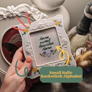 Könnte beinhalten: Ein weißer Rahmen mit gelben floralen Akzenten hält ein Kreuzstichstück mit der Aufschrift "home sweet haunted home". Der Rahmen wird in einer Hand gehalten, und der Text "Small Italic Backstitch Alphabet" ist unter dem Rahmen sichtbar.