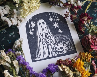 Trick or Treat Ghost & Pumpkin Linocut Print - Halloween Print, Original Art Print, Handprinted Art, Spooky Wall Decor
