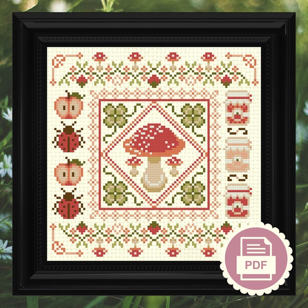 Mushroom & Clover Garden Sampler Cross Stitch Pattern | Floral Forager + Insect Design | Cottagecore Instant PDF Download