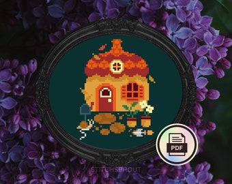 Cottagecore Acorn House Cross Stitch Pattern | Fall Forager Home with Florals & Insects | Nature Instant PDF Download