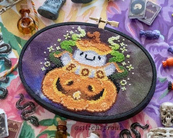 Punk-a-boo! Cross Stitch Pattern | Cute Pumpkin Ghost & Gothic Halloween Design | Spooky Instant PDF Download