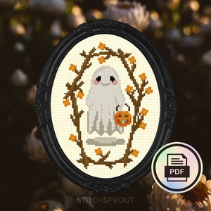 Trick or Treat Ghosty - Gothic Cross Stitch Pattern - Instant Download PDF - Halloween Embroidery, Ghost & Graveyard Decor, Spooky Cutie