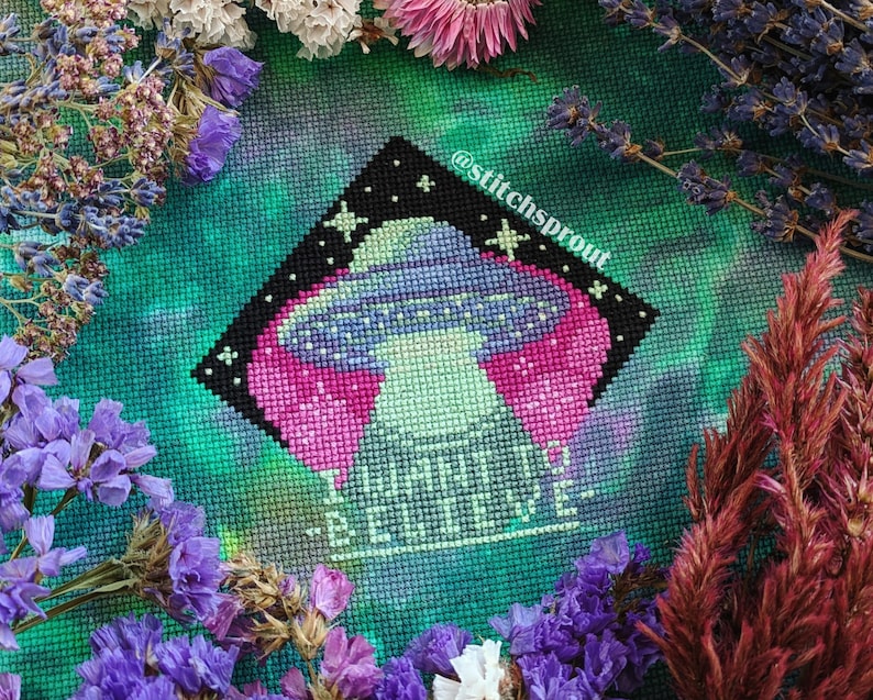 K&ouml;nnte beinhalten: Kreuzstichmuster eines gr&uuml;nen Au&szlig;erirdischen mit einem rosa und violetten Raumschiff, umgeben von Sternen. Der Text "What's up, Earth?" ist unter dem Au&szlig;erirdischen gestickt. Das Muster ist von einem gr&uuml;nen und blauen Hintergrund mit einem wei&szlig;en Rand umgeben.