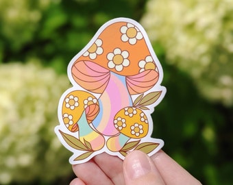 Retro Rainbow Merry Mushroom Die Cut Vinyl Sticker - Laptop / Hydroflask / Phone / Planner Die Cut Sticker, Waterproof Car Decal