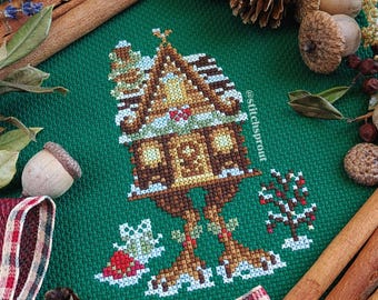 Baba Yaga’s Yule Time Greetings Cross Stitch Pattern | Slavic Folklore & Chicken House Design | Spooky Festive Instant PDF Download