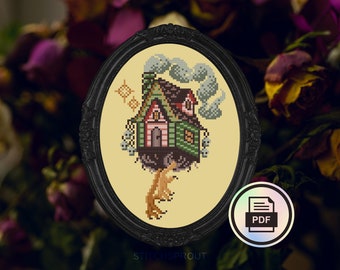 Hut Hut Baba Yaga's Witch House - Gothic Cross Stitch Pattern - Instant Download PDF - Spooky Embroidery, Halloween, Slavic Folklore