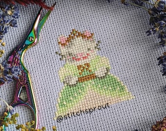 Calico Forest Princess Cross Stitch Pattern | Mini Fairy Cat with Tiara & Green Dress | Cottagecore Instant PDF Download
