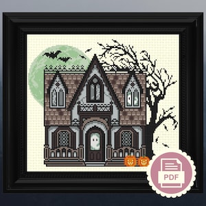 Spooky Haunted House - Gothic Cross Stitch Pattern - Instant Download PDF - Halloween Embroidery, Ghost & Pumpkin Decor