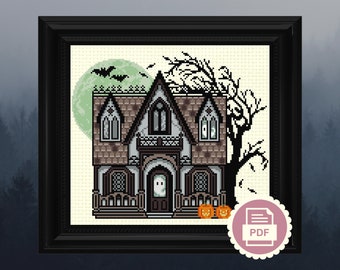 Kruissteekpatroon spookachtig spookhuis | Halloween-ontwerp geest en pompoen | Gotische Instant pdf-download