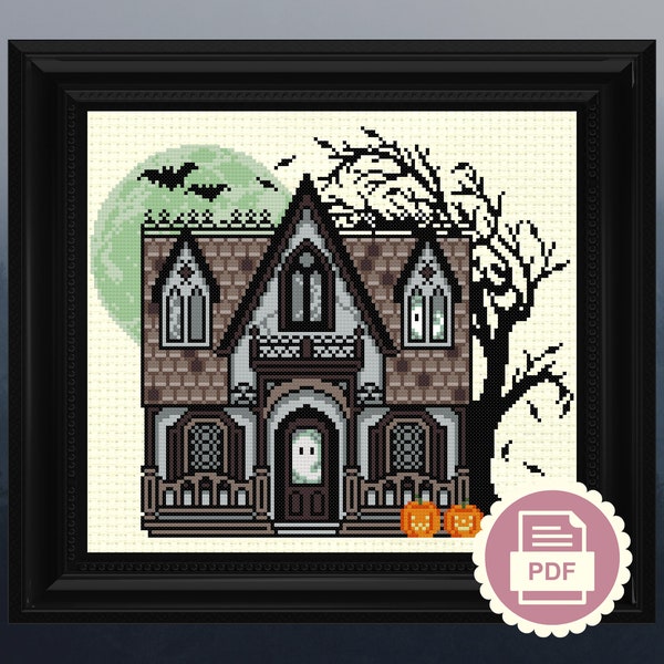 Spooky Haunted House - Gothic Cross Stitch Pattern - Instant Download PDF - Halloween Embroidery, Ghost & Pumpkin Decor