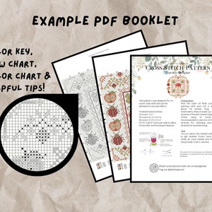 May include: A PDF booklet for a cross stitch pattern titled "Garden Sampler". The booklet includes a color key, black and white chart, color chart, and helpful tips. The pattern is designed for 14 count Aida cloth and includes instructions for stitching, finishing, and framing.