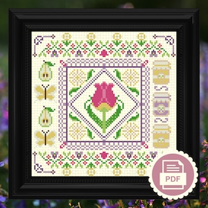 Tulip & Dandelion Garden Sampler - Modern Cross Stitch Pattern - Instant Download PDF - Cottagecore, Floral Embroidery, Insects, Spring
