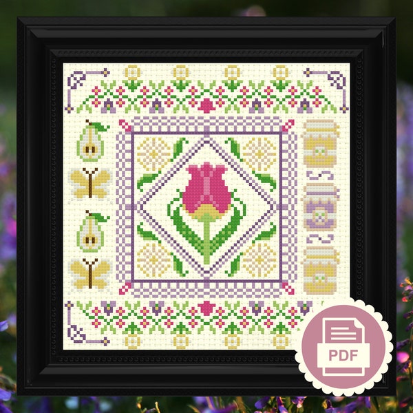 Tulip & Dandelion Garden Sampler Cross Stitch Pattern | Floral Insect + Spring Garden Design | Cottagecore Instant PDF Download