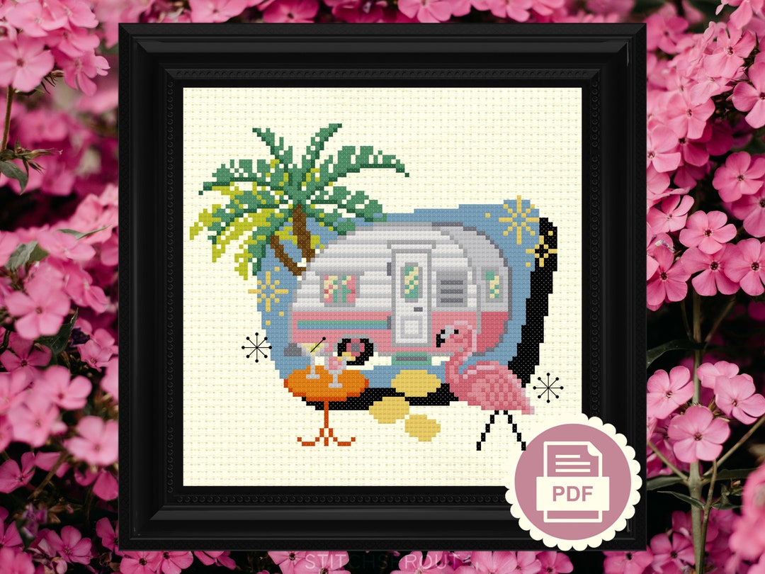 Palm Springs 50's Retro Trailer Modern Cross Stitch Pattern Instant