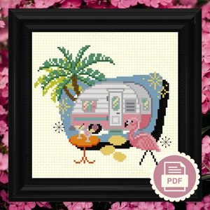 Palm Springs 50's Retro Trailer - Modern Cross Stitch Pattern - Instant Download PDF - Vintage Style, Kitschy Cute, Flamingo