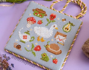 Country Cottage Sampler Cross Stitch Pattern | Goose, Frog & Whimsical Garden Witch Design | Farmhouse Instant PDF Download