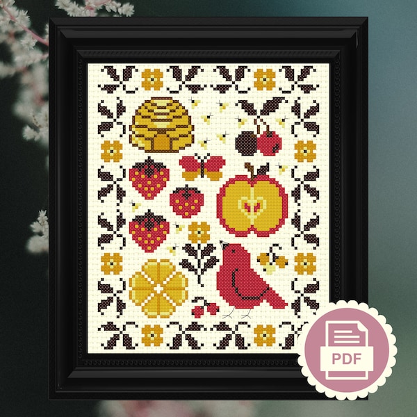 Muestrario de la Cosecha Abundante - Patrón de punto de cruz - Descarga instantánea en PDF - Bordado floral, naturaleza, abejas, estilo cottagecore, estampado animal