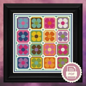 Retro jaren 80 Flower Power Sampler - modern kruissteekpatroon - pdf direct downloaden - vintage stijl, kitscherig schattig