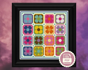Puede incluir: Un patrón de punto de cruz colorido que presenta una cuadrícula de 16 diseños de flores en varios colores, incluidos el rosa, el azul, el verde, el naranja y el amarillo. El patrón está enmarcado en un marco negro.