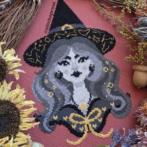 Op de afbeelding: Kruissteekportret van een heks met een zwarte hoed met gouden details. De heks heeft grijs haar en een zwarte outfit met een gouden strik. De achtergrond is roze stof, omlijst door gedroogde bloemen en zonnebloemen.