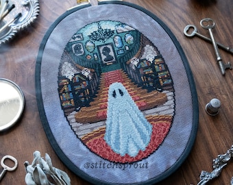 A Grand Haunting Cross Stitch Pattern | Ghostly Staircase, Books & Haunted Manor | Instant PDF Download