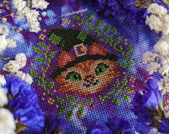 Herbal Forest Witch Cat - Gothic Cross Stitch Pattern - Instant Download PDF - Halloween Embroidery, Spooky Pumpkin Decor