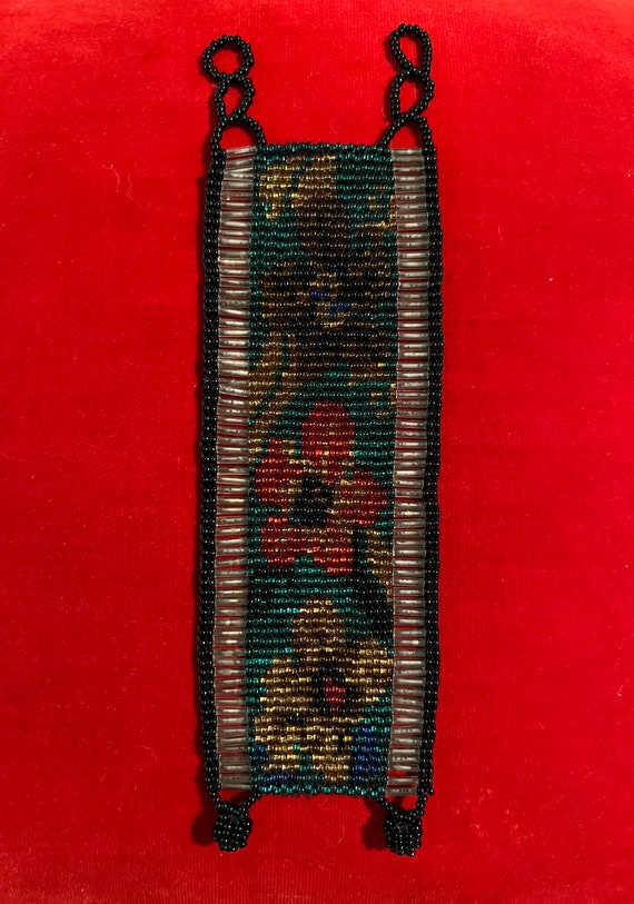Vintage Hand Beaded Cuff Bracelet with Floral Des… - image 1