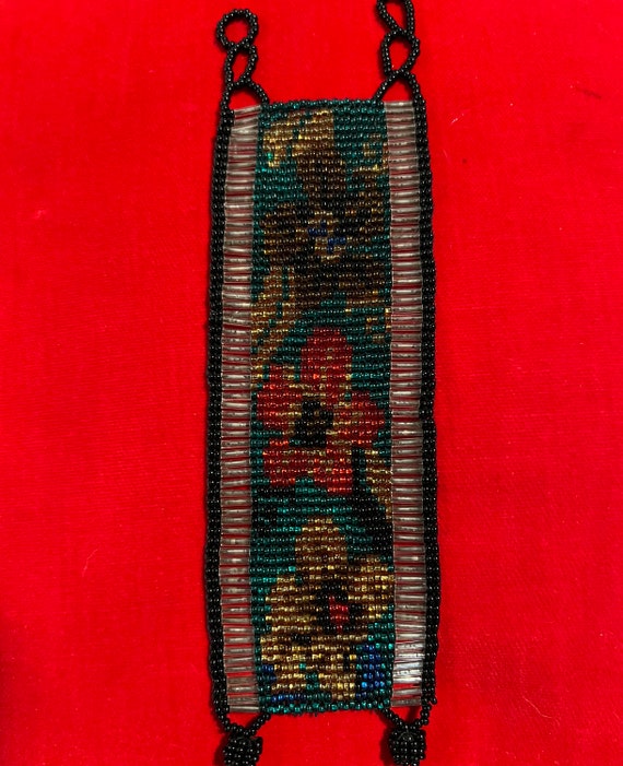 Vintage Hand Beaded Cuff Bracelet with Floral Des… - image 9