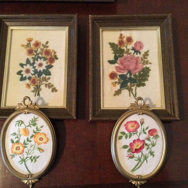 A lot of 4 small and mini vintage hand embroidered framed pictures with flowers wall hanging wall decoration free shipment in US and Canada