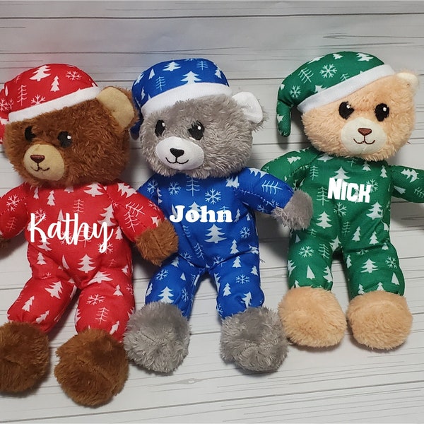 Personalized Plush Stuffed Bears in Pjs! |Christmas | Holiday | Winter | Red Green or Blue | Personalized | Custom