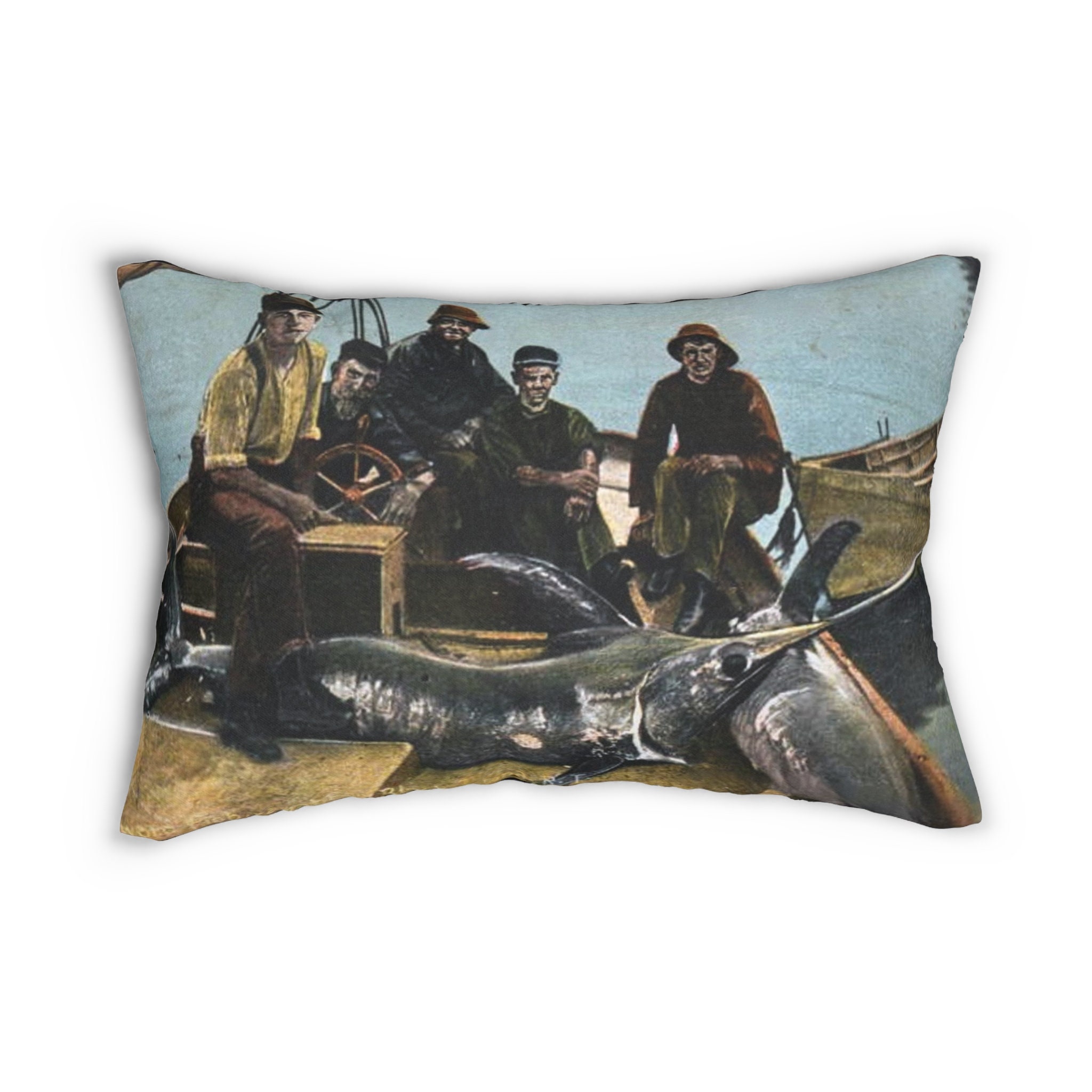 Maritime Triumph: 1911 Swordfish Catch vintage postcard pillow