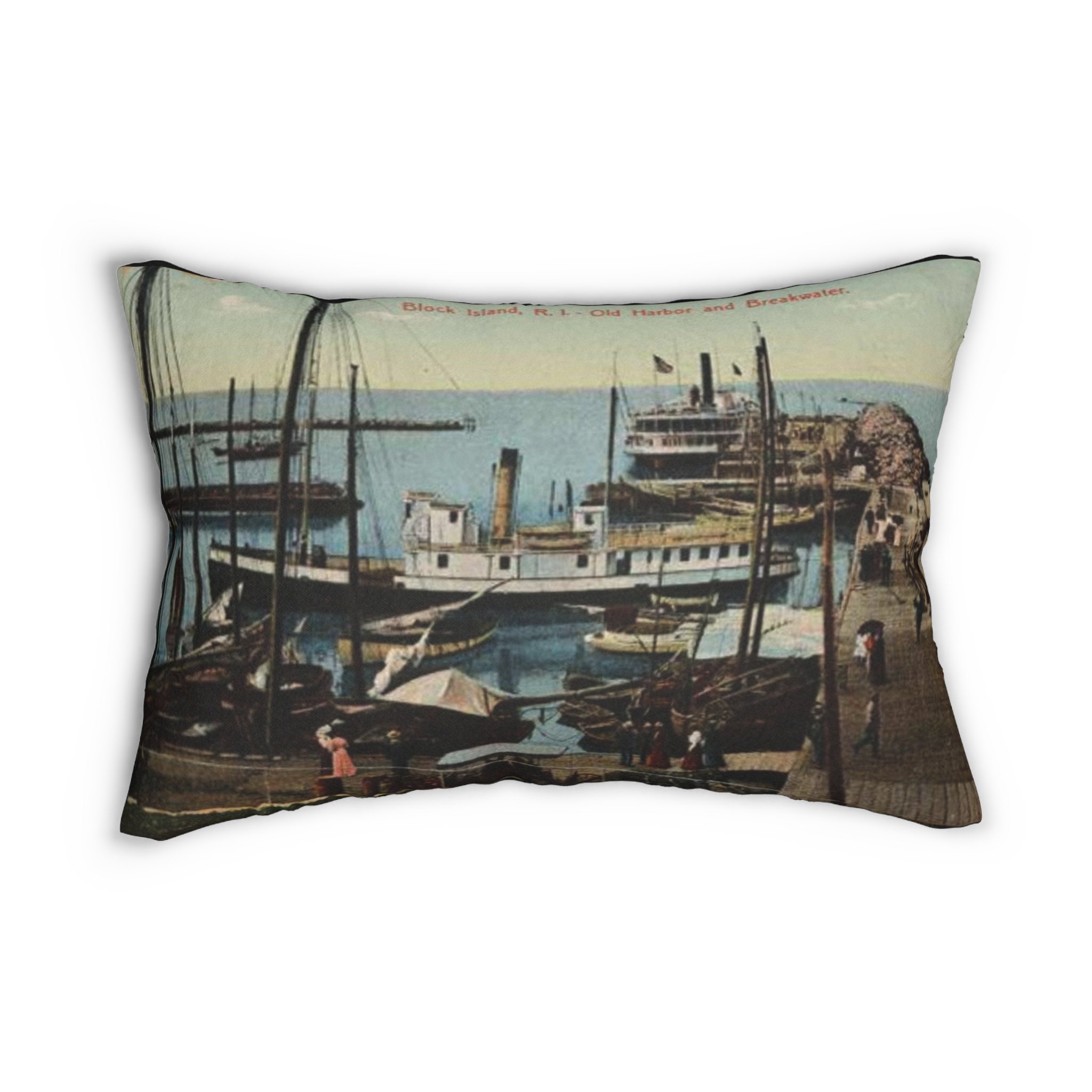 Guardian of the Old Harbor: 1908 Breakwater vintage postcard pillow