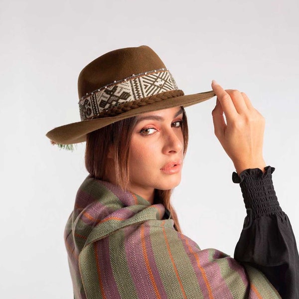 Fedora alpaca wool hat, Alpaca wool hat, Andean UNISEX hat, Peruvian hat, Peruvian Artisan-made, Handmade hat with woven Textile Hat Band