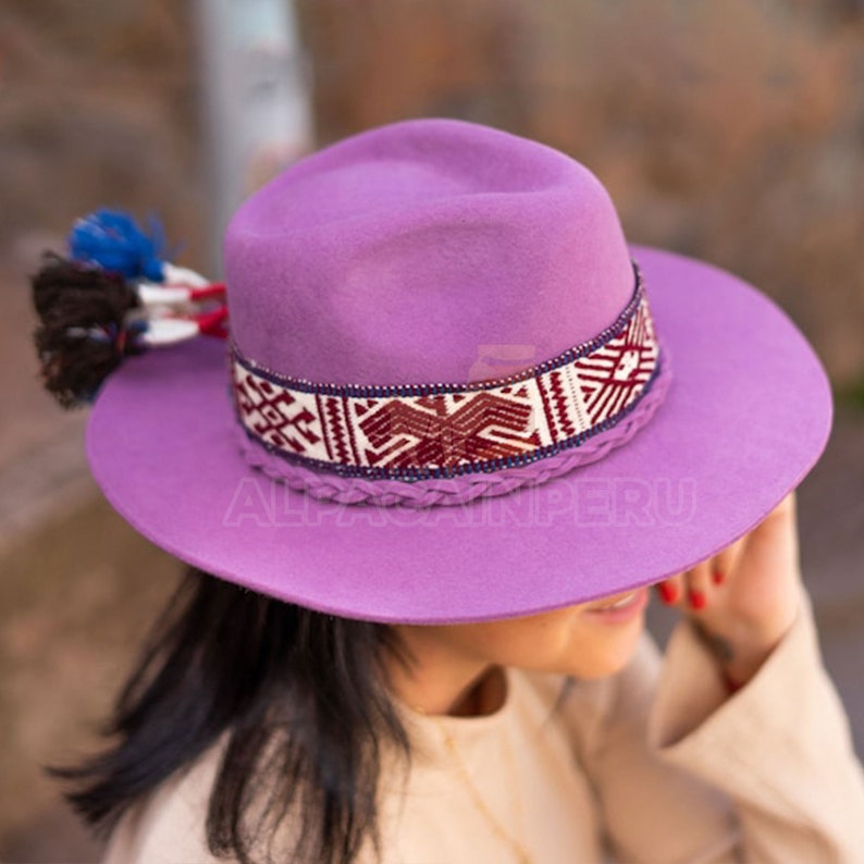Andean UNISEX hat, peruvian cowboy hat, alpaca hat band, Fedora hat, alpaca wool hat, alpaca felted hat, Inka Q'ero woven band hat.Mom gift Purple