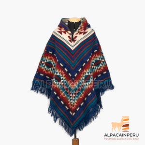 Native poncho made with alpaca wool, blue unisex poncho, native poncho, blue indian poncho, native american style poncho,native world poncho image 1