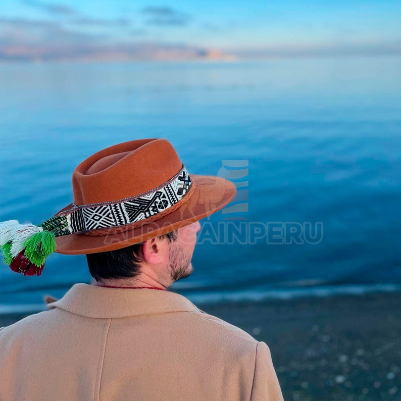 Andean UNISEX hat, peruvian cowboy hat, alpaca hat band, Fedora hat, alpaca wool hat, alpaca felted hat, Inka Q'ero woven band hat.Mom gift image 9