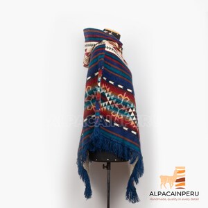 Native poncho made with alpaca wool, blue unisex poncho, native poncho, blue indian poncho, native american style poncho,native world poncho image 4