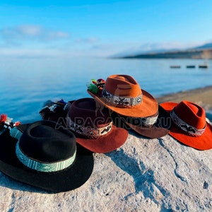 Andean UNISEX hat, peruvian cowboy hat, alpaca hat band, Fedora hat, alpaca wool hat, alpaca felted hat, Inka- Q'ero woven band hat