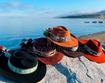 Andean UNISEX hat, peruvian cowboy hat, alpaca hat band, Fedora hat, alpaca wool hat, alpaca felted hat, Inka- Q'ero woven band hat.Mom gift