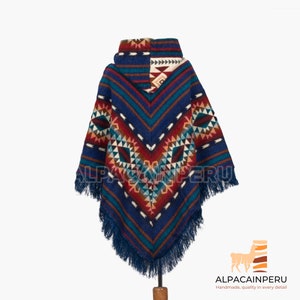 Native poncho made with alpaca wool, blue unisex poncho, native poncho, blue indian poncho, native american style poncho,native world poncho image 5