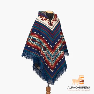 Native poncho made with alpaca wool, blue unisex poncho, native poncho, blue indian poncho, native american style poncho,native world poncho image 3